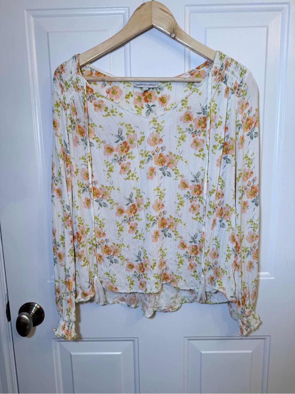 cupcakes & cashmere White Blouse with Peach & Green Floral Print